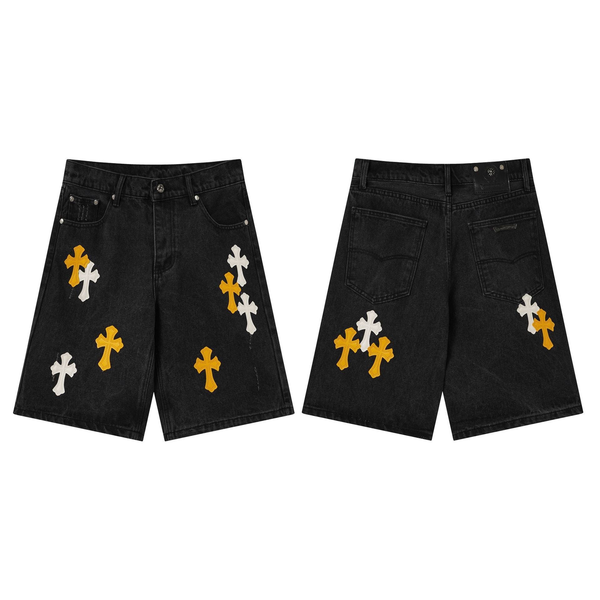 Chrome Hearts Black & Orange-White Cross Denim Shorts