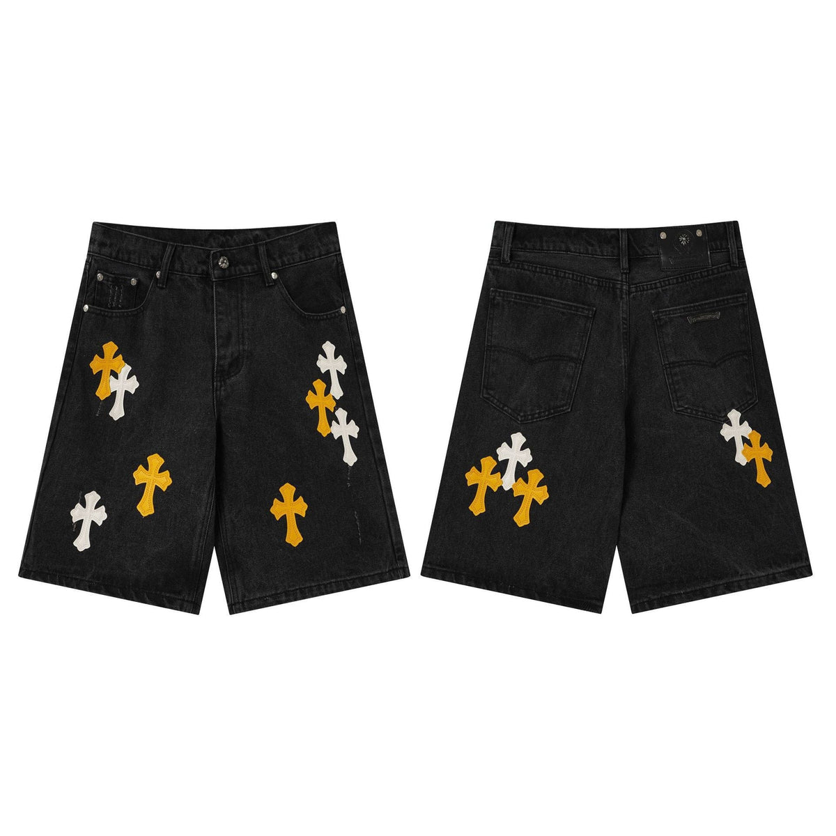 Chrome Hearts Black & Orange-White Cross Denim Shorts